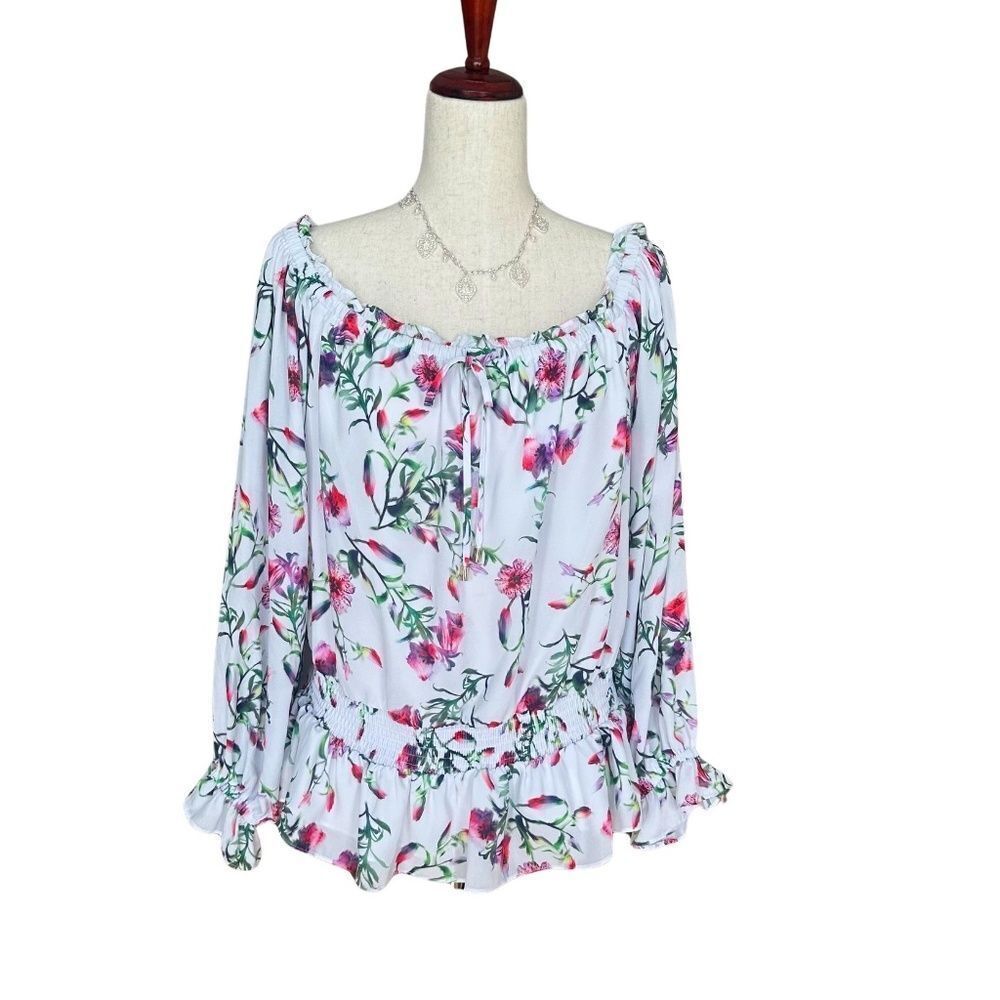 NWT  I.N.C. Long Sleeve Off the Shoulder Floral Blouse White-Green-Pinks Size XL